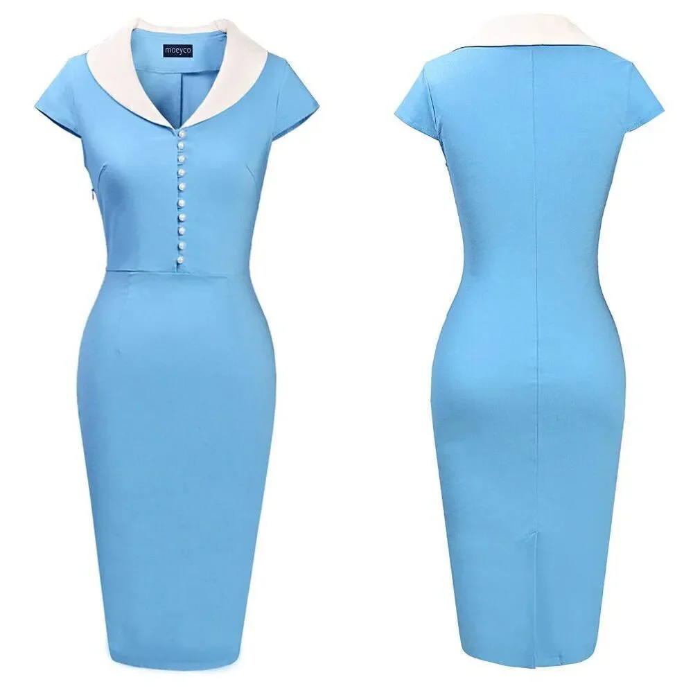 Retro Vintage Pinup 1950s Classy Elegant Cocktail Pencil Midi Blue Dress XXL NWT